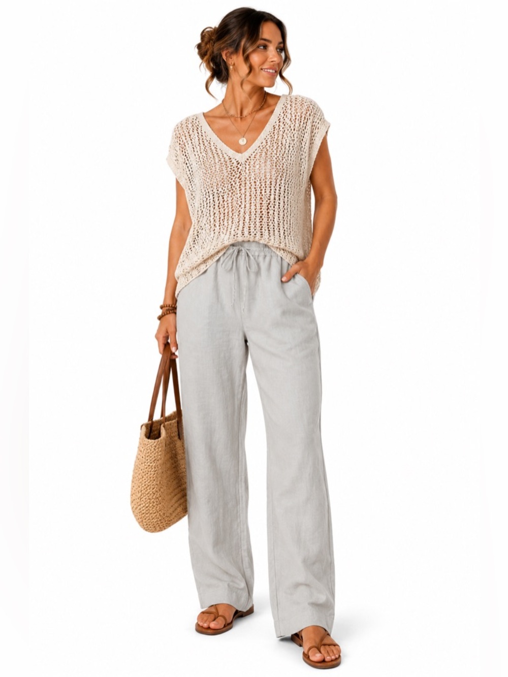 Charter Club 100% Linen Drawstring Trousers Light Gray Size 8 Coastal